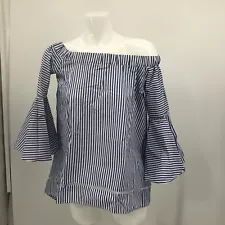 Blouse Womens Medium M Blue Off Shoulder Top Striped Peekaboo Shirt High Low #4