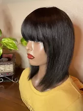 Black Human Hair 12” Bob With Bangs Straight Wig