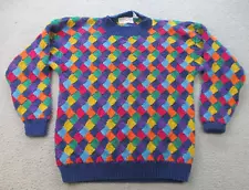 Vintage 90s Sweater Mens Large Hand Knit Geometric Squares Multicolor 3D Biggie