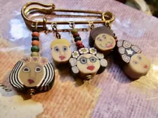 Colorful Fimo Polymer Clay FACES Charms on Gold Tone Pin FUN