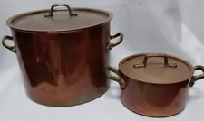 2 Vintage Lined Copper Stock Pots with Lids 7" & 5"