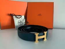 AUTHENTIC HERMÈS MENS H BUCKLE 33mm WIDE BLUE LEATHER BELT SZ 110 MADE IN FRANCE