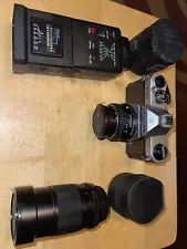 Pentax K1000 35mm SLR Camera + 3 LENS, Teleconverter LL BEAN Bag ESTATE LOT SALE