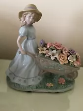 Cosmos Fine Porcelain Country Girl Pushing Flower Wagon Cart Figurine 8.14”