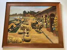 Antique Wpa Style Painting Exhibited Filipino Village Workers Marina Landscape