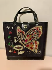 Vintage 1960s Handbag Jeweled Butterfly Canvas Wood Bottom Enid Collins Style