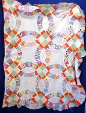 Vintage Feedsack Print Double Wedding Ring Light Muslin Quilt Top Remnant 42x68"