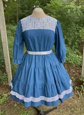 Vtg Hand Made Lace Yoke Navy Blue 3 Tier Square Dance Dress 44 Bust Size 18 20