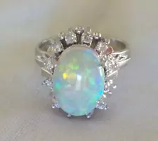 Solid Platinum Fiery Solitaire Opal Diamond Halo Ring - 5.90 gm, Sz 4.5, 1.65 ct