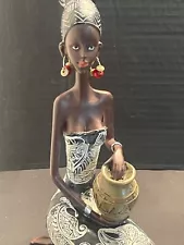 AFRICAN LADY STATUE TRIBAL DECOR SHELF CENTERPIECE ACCENT 9 1/4" high