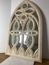 30” x 18” Cathedral Style Mirror Ivory Wood, Green Ceramic Floral Inlay