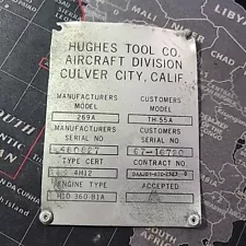 1967 Hughes Tool TH-55A Osage 269A Helicopter Original Aircraft Data ID Plateq