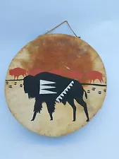 Vintage Tribal Drum Early Peoples Painted Bison Buffalo Rawhide Drum