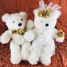 HANDMADE Wedding Bears Bride Groom Teddy White Plush Gold PRISTINE