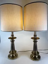 Pair Brass Stiffel Lamps w Original Drum Shades Column Black Accents