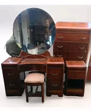 Vintage Unrestored 3 bed Set 1930s Art Deco Waterfall Vanity With Round Mirror