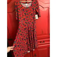 NWT LuLaRoe Large Nicole Dress Summer Floral Red Orange Longer Sleeve NEW