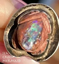 Mexican Boulder Opal Carved FROG on Lily Pad Ring **VIDEO**