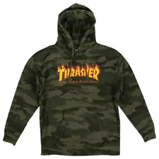 Thrasher Magazine FLAMES LOGO PULLOVER Skateboard Hoodie FOREST CAMO LARGE