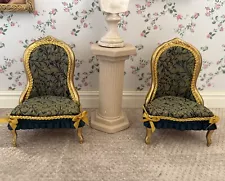 DOLLS HOUSE 1/12 SCALE LOVELY GOLD REGENCY STYLE CHAIRS COVERED IN SILK BROCADE.