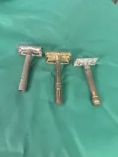 3 Vintage Brass-Handled Safety Razors Patent One Ornate Handle