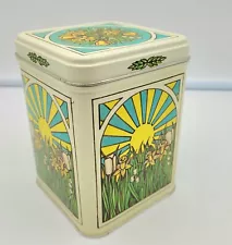 Vintage Floral Tea Tin. Sunrise and Flowers. 3.50" x 4.75" New Old Stock