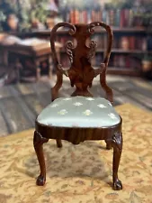 Miniature Dollhouse IGMA John J. Hodgson Chippendale Carved Side Chair Silk Seat