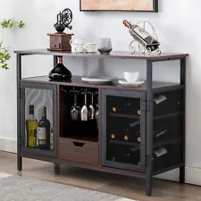 Brown 43"Industrial Wine Bar Cabinet Liquor Glasses Wine Rack Table Home Kitchen