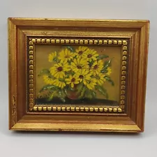 Vintage Signed Still Life Sunflowers Daisies in Vase Oil Mini Painting Framed