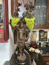 ANTIQUE ART NOUVEAU NUDE FIGURAL SPELTER LAMP WITH THREE GRAPE LIGHTS