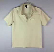 QED Style Polo Shirt Mens Large Cream Golf Snap Short Sleeve Pocket Collared