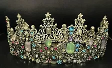 Baroque Vintage Tiara Crown Gold With Multicolored Rhinestones Pageant Queen