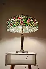 Antique Stained Glass Lamp Cherry/ Apple Blossom HANDEL Bronze Base