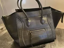 CELINE Luggage Phantom Tote Bag Croco Embossed Black Leather Used Hand bag Auth