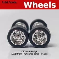 10mm/10mm Chrome Mag rims 5 spoke blackwall tire set. for Hot Wheels