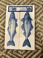 Vintage delft Style Tile Panel Mural Blue Fish Hanging On Hook 5x5” Tiles