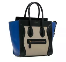 CELINE Tri-Color, Tan Calfskin Leather, Blue Suede, Black Trim Luggage Tote Bag