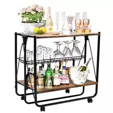 Folding bar cart, Kitchen Island utility cart, farmhouse car, rustic brown