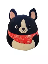 Squishmallow Teddy the Black White Boston Terrier Plush Red Bandana Puppy 10"