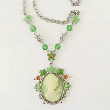 New Vintage Style Cameo Olive Floral Oval Crystals Charm Chain Necklace NE1415