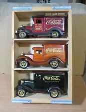 Coca-Cola Crate with 3 -Handmade Wooden Vintage delivery Trucks EXL 1998