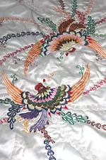 VINTAGE CHINESE EMBROIDERED BIRD ROSES SILK BEDSPREAD BED COVER TOPPER 82 X 107"