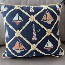 Tapestry Accents Pillow Sailing Boats Maritime Blue Sisal Hem Beach House 16”