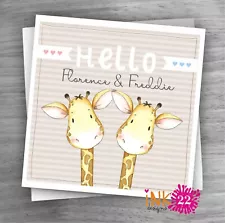 Personalised handmade Card For New Baby Twins 'Giraffe Hello' Cute, Any name