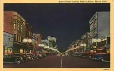 Linen Postcard Broad Street Scene at Night, Elyria, Ohio - used 1946