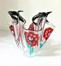 HANDCRAFTED OOAK ART GLASS VASE RED FLOWERS BLACK TRIM UNUSUALLY UNIQUE 7"X8"