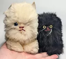 2 Vintage Real Fur Cat Plush Stuffed Animals, Black & White