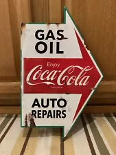 Coca Cola Gas Oil Auto Repairs Metal Sign Arrow Coke Vintage Style Button Garage