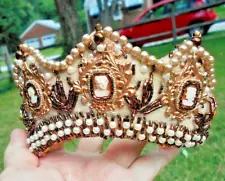 Wedding Tiara, Celebrate Crown, Queen for Day, 3 Hand Carved Shell Cameos, Pearl