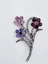 Vtg Crystsl Rhinestone Flower Bouquet Pink & Purples Iridescent Brooch Pin Fall